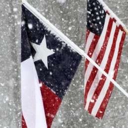 USA and Texas flags in the snow