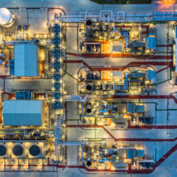 aerial view of plant lit up at night